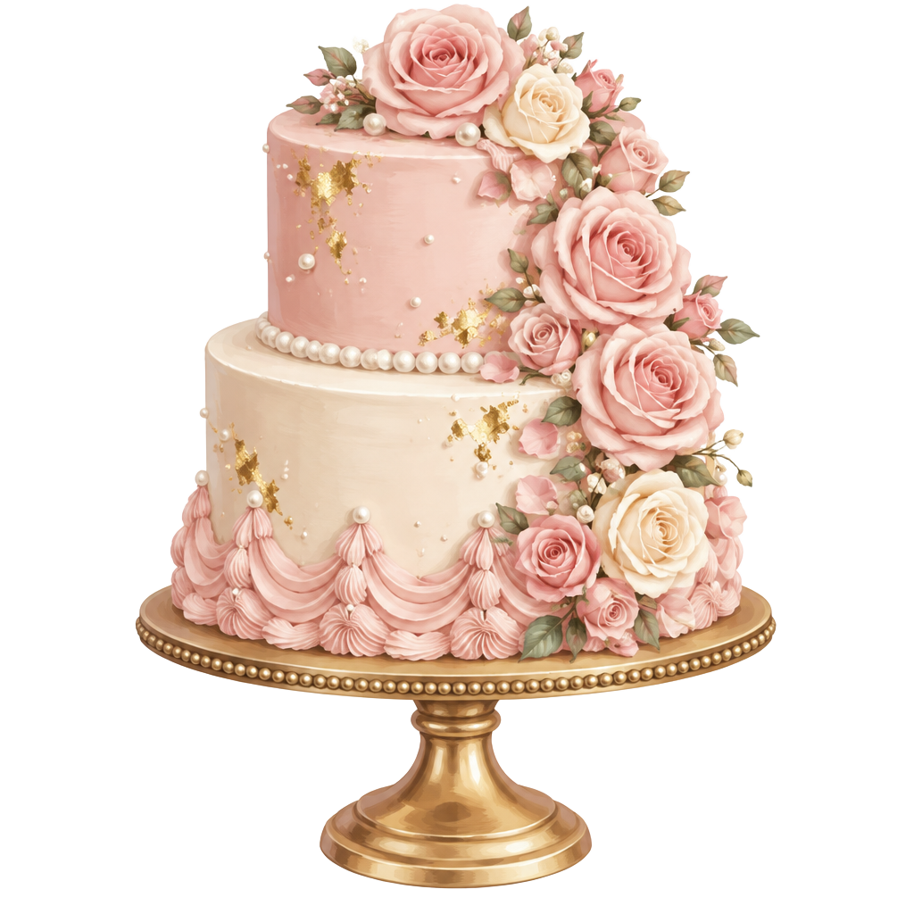 Two-tier blush pink celebration cake with roses, pearls and gold leaf